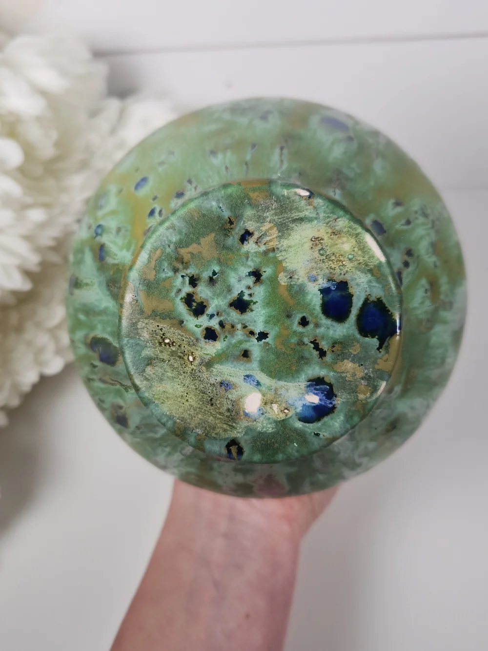 Vintage Peacock Feather Design Pottery Vase | Green & Blue Glazed Art Vase